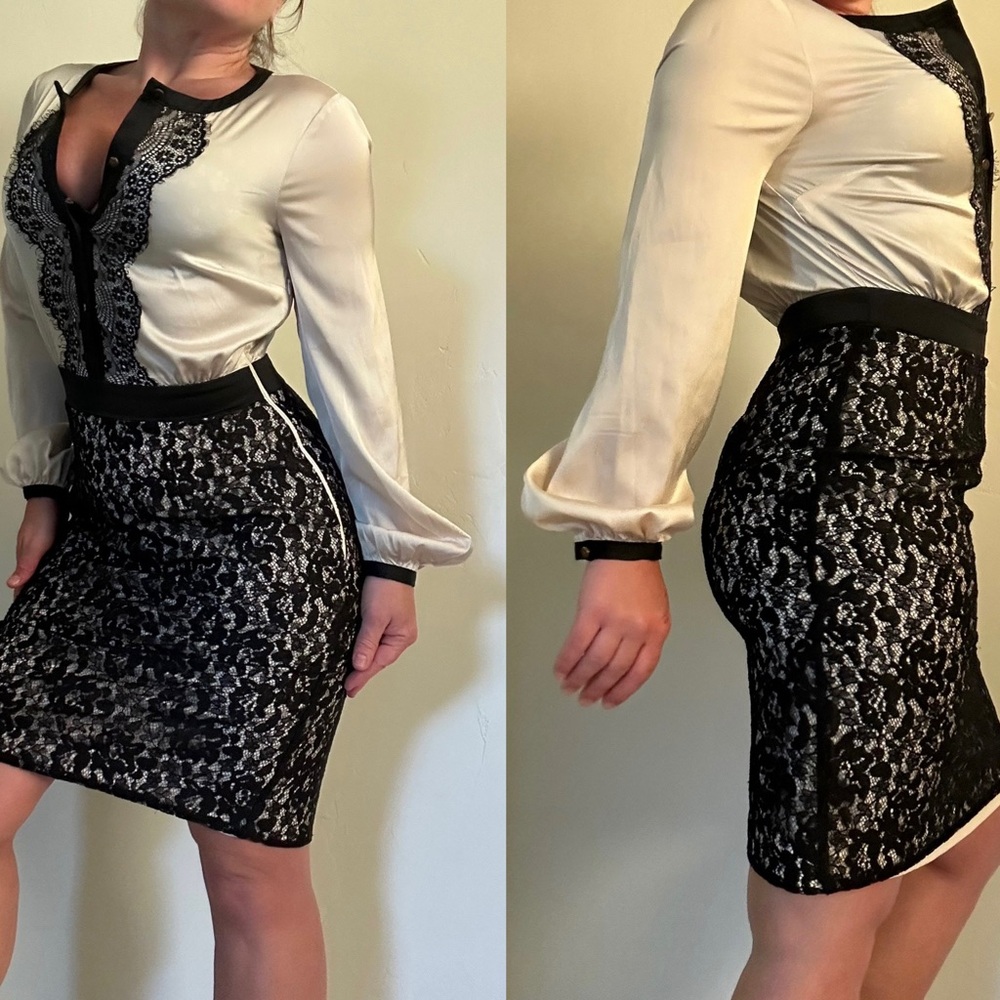 Elegant ivory satin and Black Lace button down midi dress